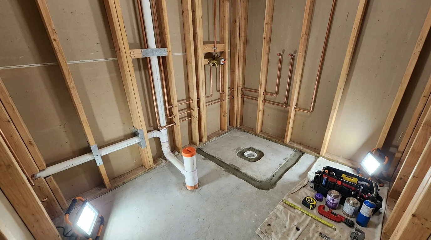 Bathroom rough-in plumbing during remodel by Johns Plumbing LLC in Point Marion