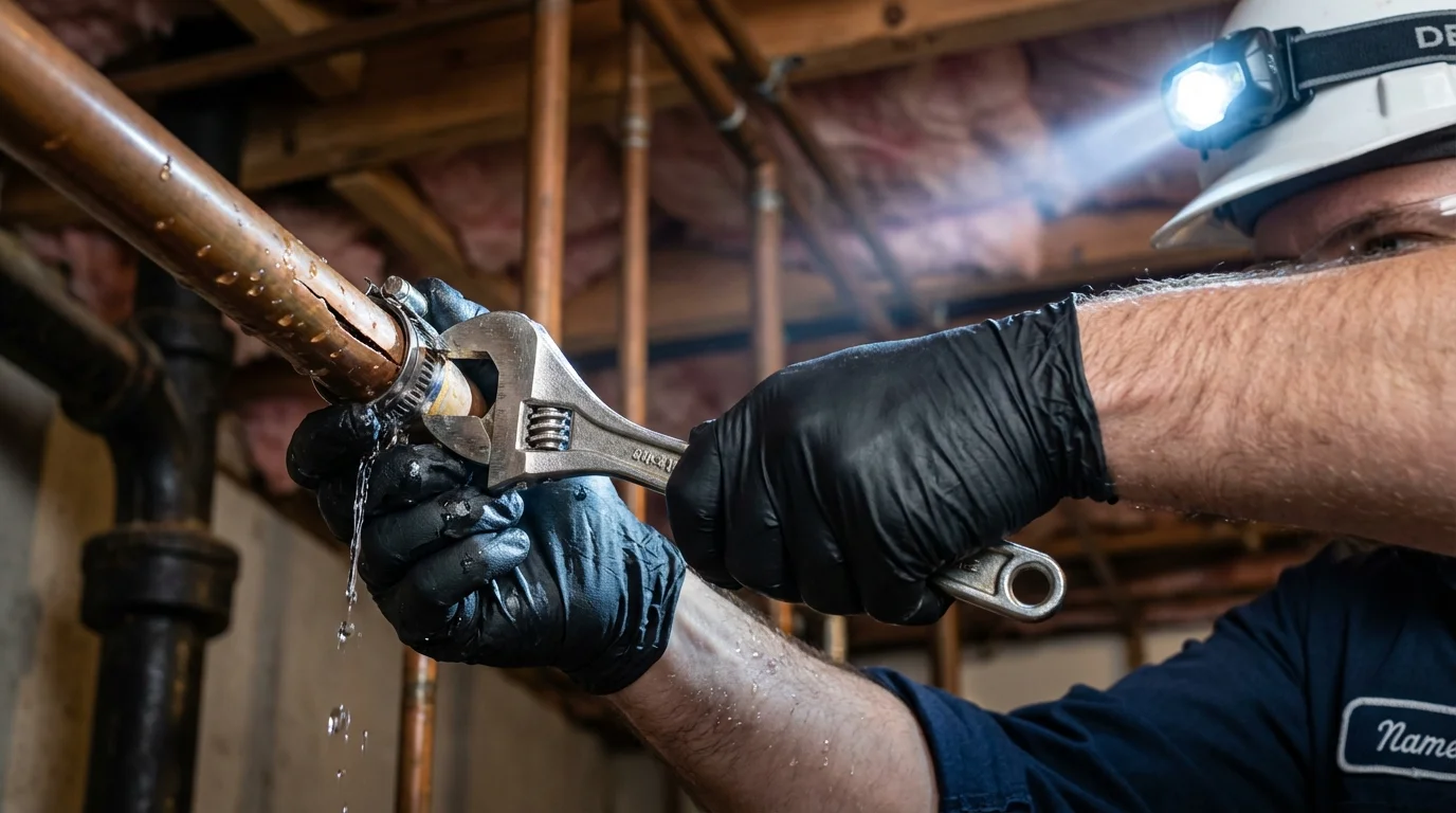 Emergency pipe clamp repair being performed by a Johns Plumbing LLC plumber in Point Marion