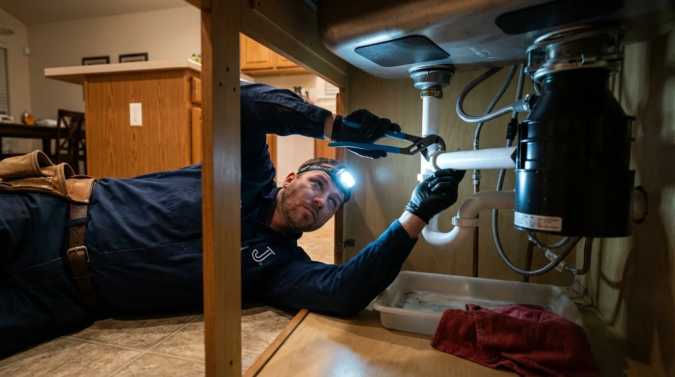 P-trap and supply line connections under a kitchen sink showing a common leak point in Point Marion, PA